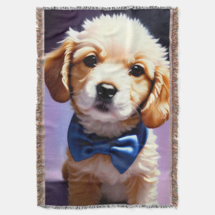 Adorable Fluffy Puppy w Cute Blue Bow Tie  Throw Blanket