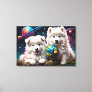 Adorable Fluffy Samoyed Puppies, Peace on Earth Canvas Print