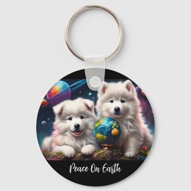 Adorable Fluffy Samoyed Puppies, Peace on Earth Keychain (Front)
