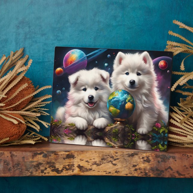 Adorable Fluffy Samoyed Puppies, Space Earth Globe Plaque (Side)