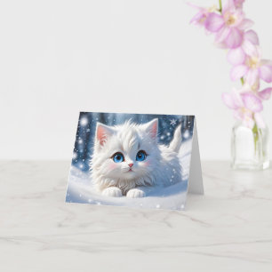 Adorable Fluffy White Cat Blue Eyes Blank Greeting Card