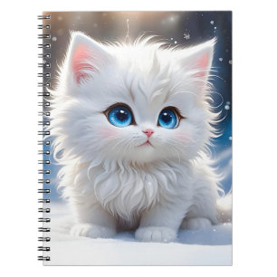 Adorable Fluffy White Cat Blue Eyes Pink Cheeks Notebook
