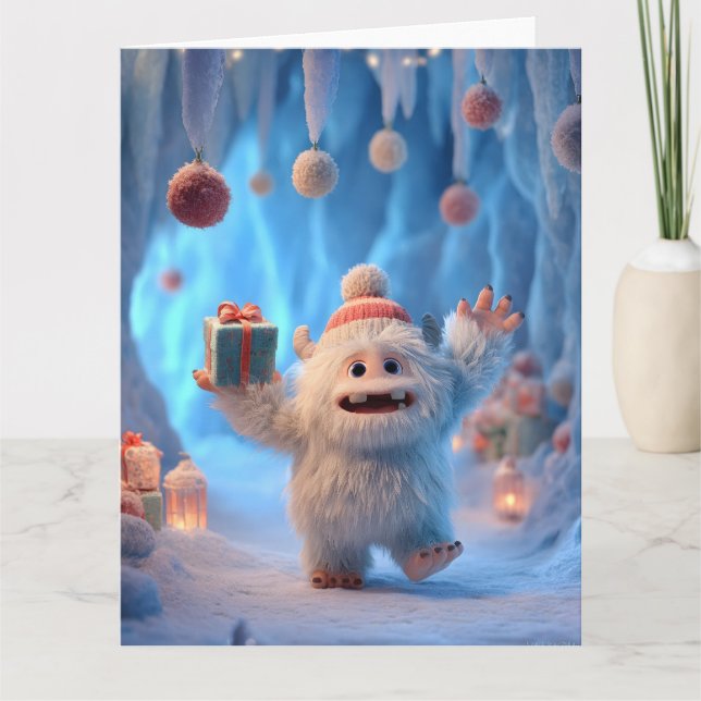 Adorable Fluffy Yeti Creature Celebrating Card (Front)
