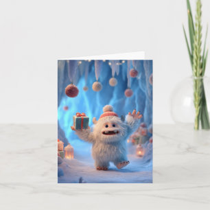Adorable Fluffy Yeti Creature Celebrating Holiday Card