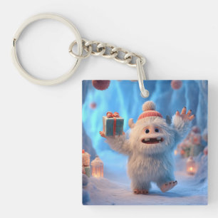 Adorable Fluffy Yeti Creature Celebrating Keychain