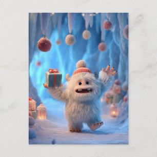 Adorable Fluffy Yeti Creature Celebrating Postcard