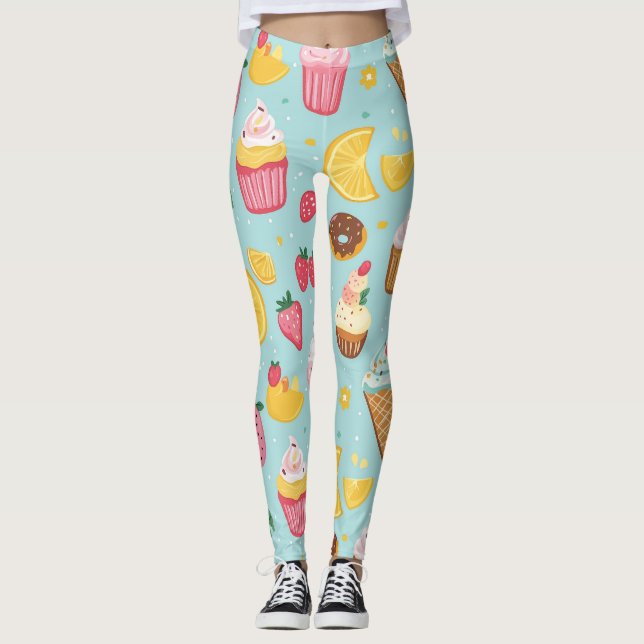 Adorable Food Items Illustration Pattern Leggings (Front)