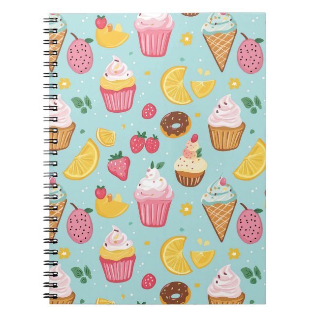 Adorable Food Items Illustration Pattern Notebook (Front)