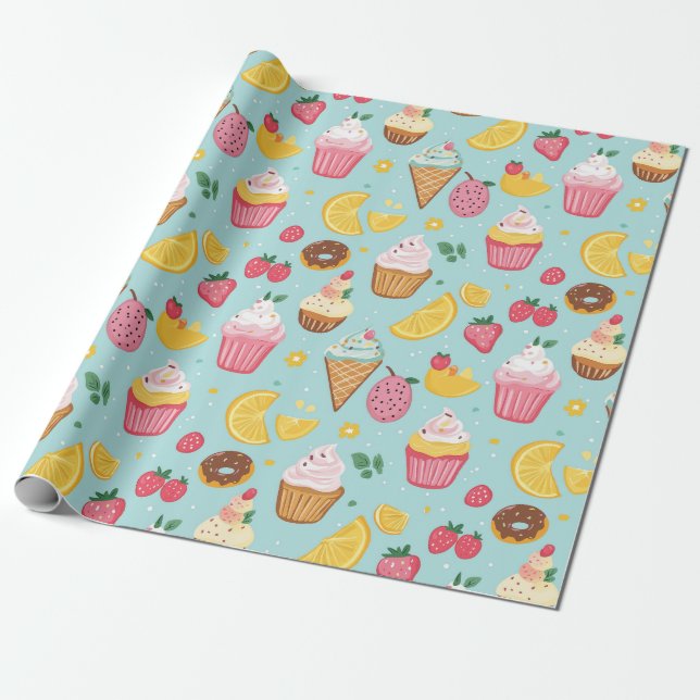 Adorable Food Items Illustration Pattern Wrapping Paper (Unrolled)