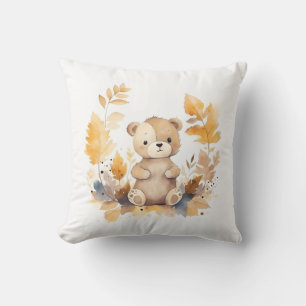 Adorable Forest Friend: Baby Bear in Leaves  Throw Pillow