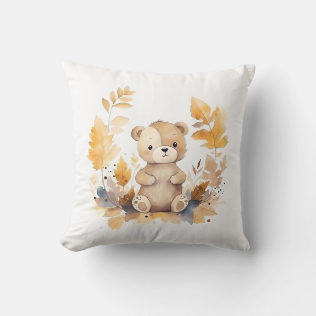 Adorable Forest Friend: Baby Bear in Leaves  Throw Pillow (Front)