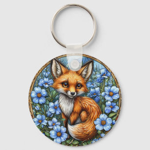 🦊 Adorable Fox Bloom Glow 💙 Vibrant Blue Floral Keychain