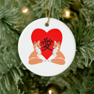 Adorable Fox Cartoon Love Heart Ceramic Ornament