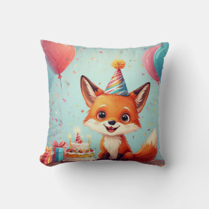 Adorable Fox Celebrating a Cheerful Birthday Throw Pillow