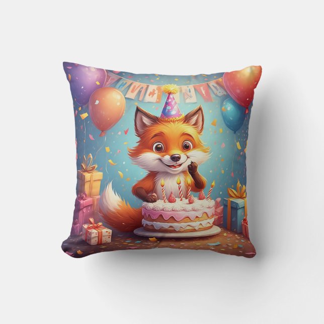 Adorable Fox Celebrating a Cheerful Birthday Throw Pillow (Front)