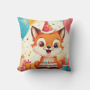 Adorable Fox Celebrating a Cheerful Birthday Throw Pillow