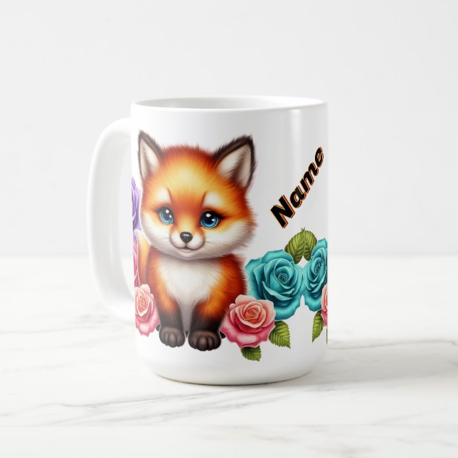 Adorable Fox Cub with Colourful Roses Coffee Mug (Front Left)