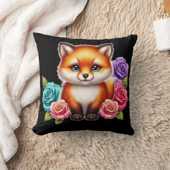 Adorable Fox Cub with Colourful Roses Throw Pillow (Blanket)