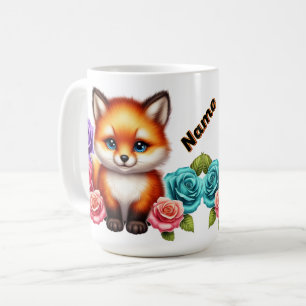 Adorable Fox Cub with Colourful Roses Woodland Coffee Mug
