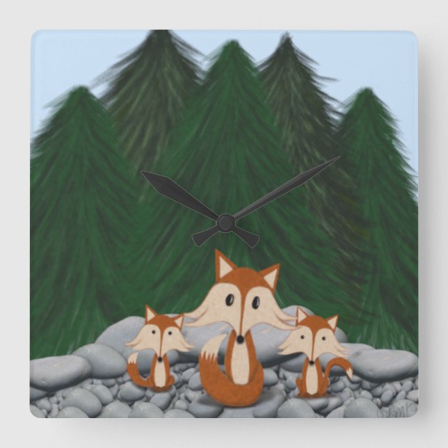 Adorable Fox Family Square Wall Clock (Front)