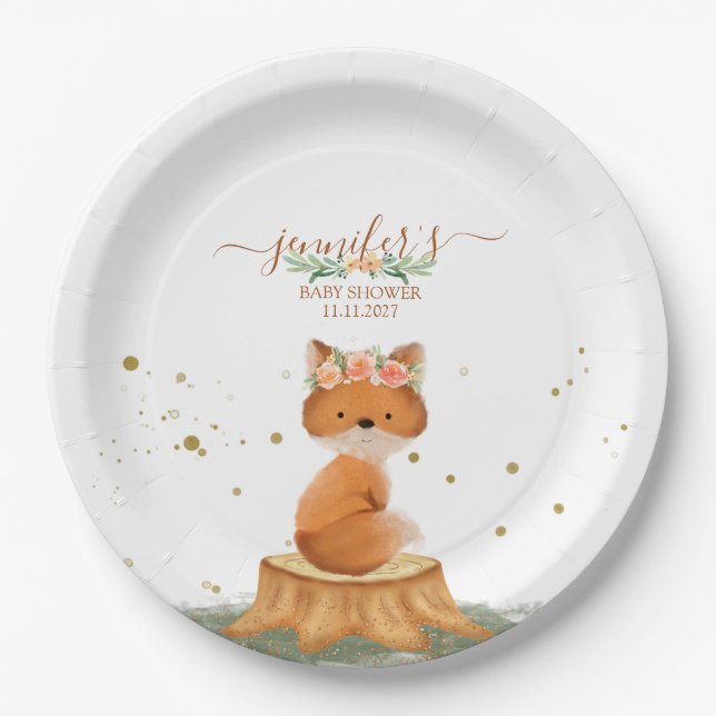 Adorable Fox Flower Crown Baby Shower Theme Paper Plate (Front)