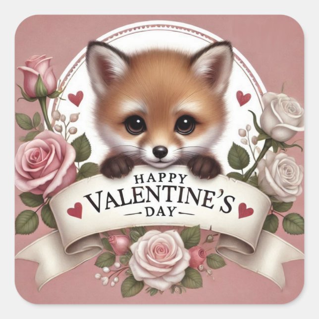 Adorable Fox Illustration with Roses Square Sticker (Front)