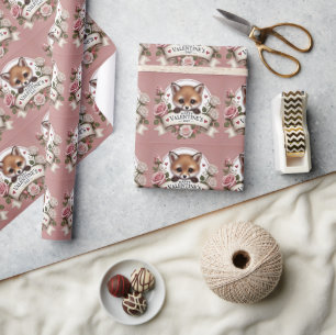 Adorable Fox Illustration with Roses Wrapping Paper