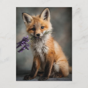 Adorable Fox Kit Holding Lavender Flowers Holiday Postcard