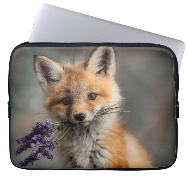 Adorable Fox Kit Holding Lavender Flowers Laptop Sleeve (Front)