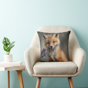 Adorable Fox Kit Holding Lavender Flowers Throw Pillow