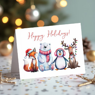 Adorable Fox, Polar Bear, Penguin & Reindeer Holiday Card