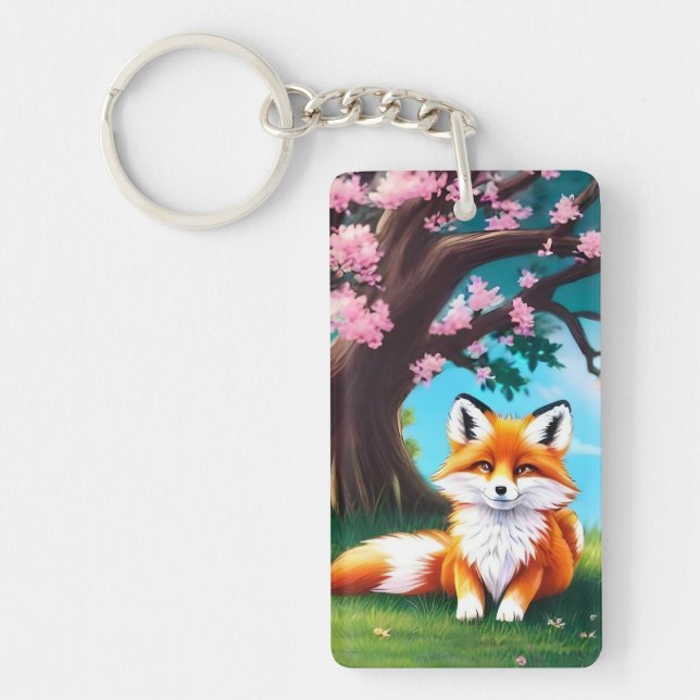 Adorable Fox Sitting Under Tree Keychain (Front)