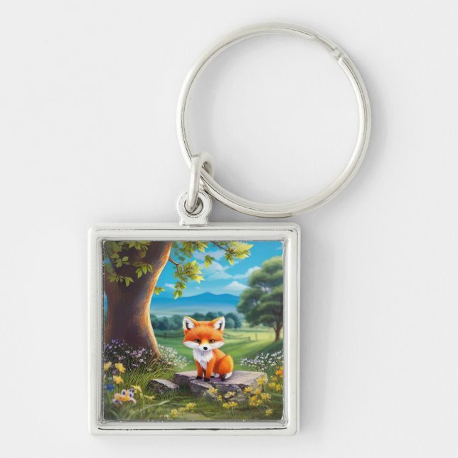 Adorable Fox Sitting Under Tree Keychain (Front)