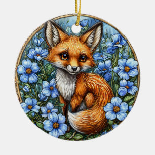 Adorable Fox Surrounded by Vibrant Blue Flowers Ceramic Ornament