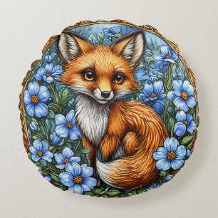 Adorable Fox Surrounded by Vibrant Blue Flowers Round Pillow