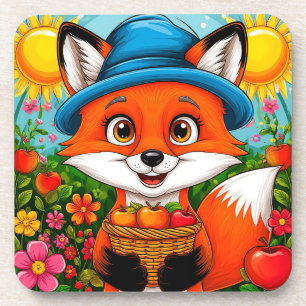 Adorable Fox With Basket of Apples Coaster