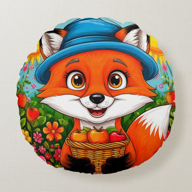 Adorable Fox With Basket of Apples Round Pillow (Front)
