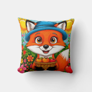 Adorable Fox With Basket of Apples Throw Pillow