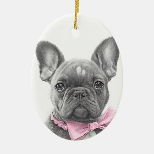 Adorable french bulldog puppy with a pink bow ceramic ornament (Front)