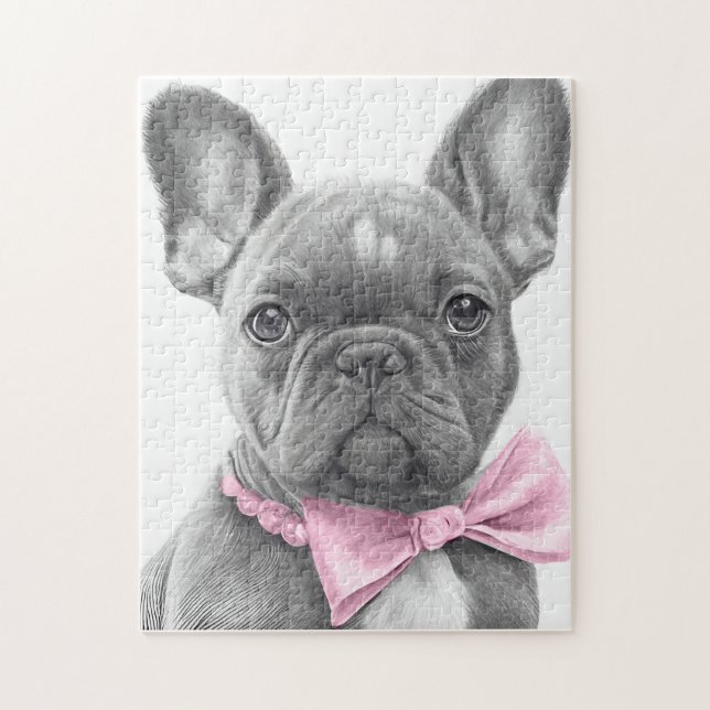 Adorable french bulldog puppy with a pink bow  jigsaw puzzle (Vertical)