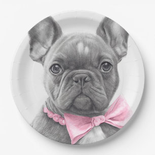 Adorable french bulldog puppy with a pink bow  paper plate