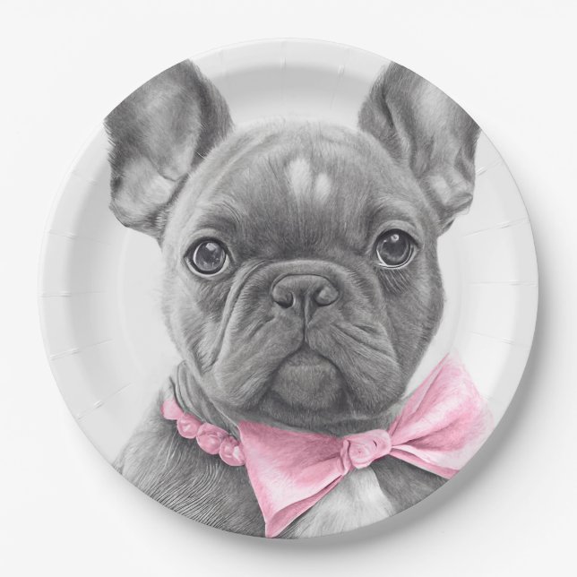 Adorable french bulldog puppy with a pink bow  paper plate (Front)