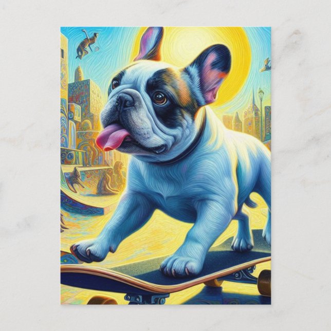 Adorable French Bulldog Skateboarding Postcard (Front)