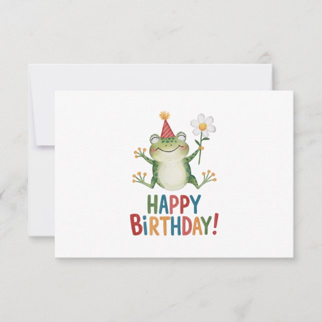 Adorable Frog Birthday Design with Daisy and Party Thank You Card (Front)
