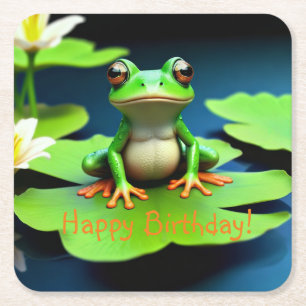 Adorable Frog Birthday Square Paper Coaster