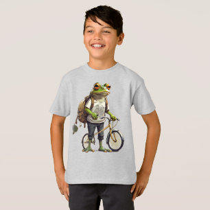 Adorable Frog in T-shirt and Backpack Bicycle 