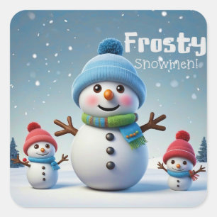 Adorable Frosty Snowmen in Cool Winter Snow Square Sticker