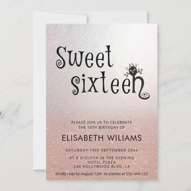 Adorable fun cat rose gold glittery ombre  invitat invitation (Front)