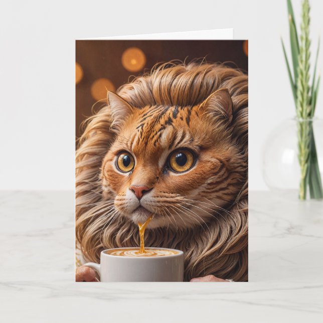 Adorable Funny Cat Holds Coffee Mug Card (Front)