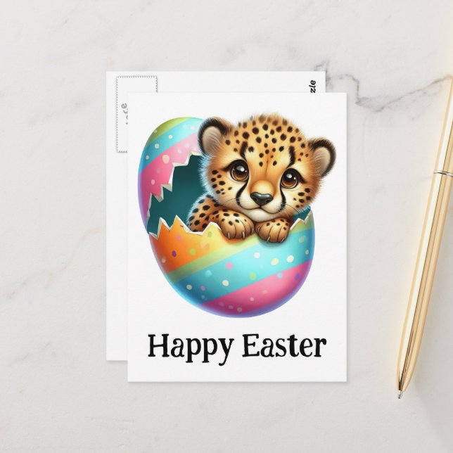 Adorable Funny Cute Easter Cheetah Cub Postcard (Front/Back In Situ)